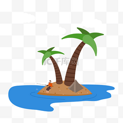 椰子树卡通椰子树图片_卡通插画风岛屿钓鱼的女孩