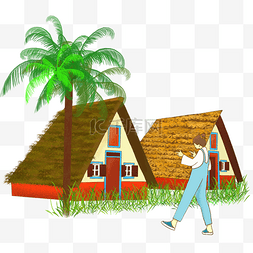 茅草屋顶屋顶图片_手绘女孩葡萄牙传统茅草屋子旅游