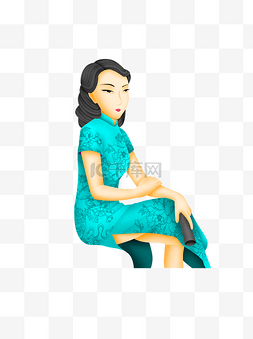 拿折扇图片_坐着拿折扇的蓝色旗袍卷发女子