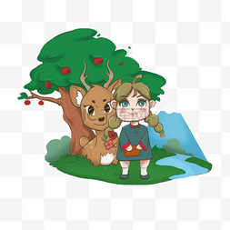 小女孩和鹿子免抠图