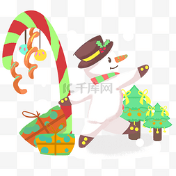 圣诞雪人礼物盒糖果棒手绘插画