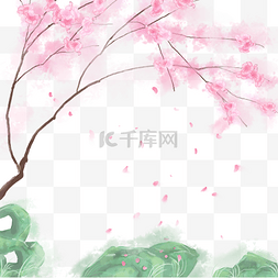 手绘唯美树图片_卡通手绘中国风粉红色花石头