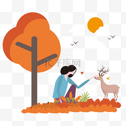 动物公园卡通图片_卡通插画风大树下抚摸小鹿的女人
