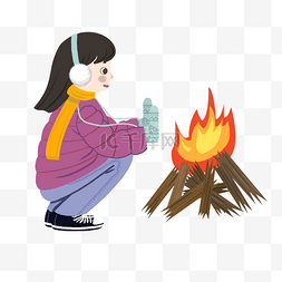 烤火插画图片_冬季取暖人物和火苗插画