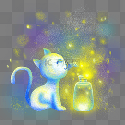 可爱梦幻手绘插画图片_梦幻萌宠猫咪玻璃瓶子萤火虫手绘