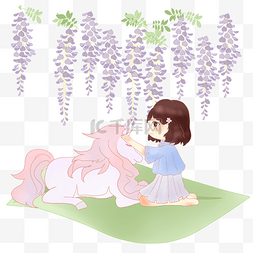 春季人物和紫藤插画