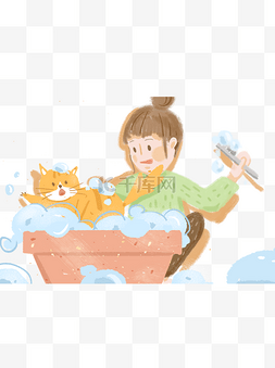 宠猫咪图片_给猫咪洗澡的小姑娘装饰元素