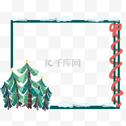 手绘绿色蝴蝶结图片_绿色圣诞树雪边框