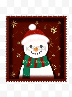 手绘圣诞节邮票卡通雪人雪花褐色