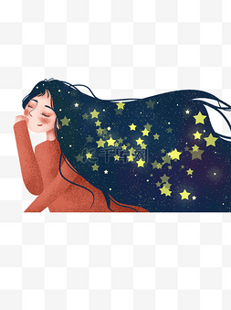 手绘满发星星的女孩元素