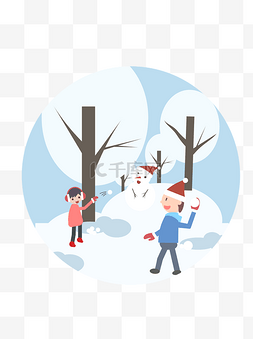 儿童打雪仗手绘图片_打雪仗堆雪人儿童元素