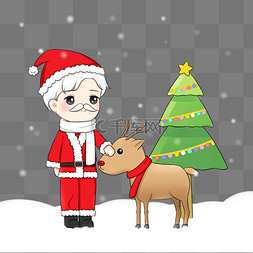 圣诞树夜晚图片_手绘卡通圣诞节圣诞老人麋鹿和圣