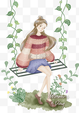 手绘植物海报图片_女生节女神节荡秋千条纹毛衣女孩
