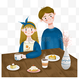 蓝色手绘人物图图片_简约手绘吃蛋糕的情侣海报