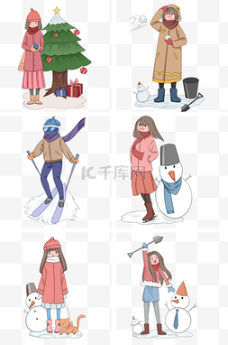 冬季小女孩和雪人手绘插画