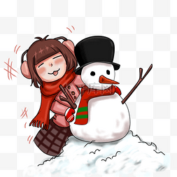 可爱冬装图片_动漫厚涂手堆雪人的女孩插画PNG