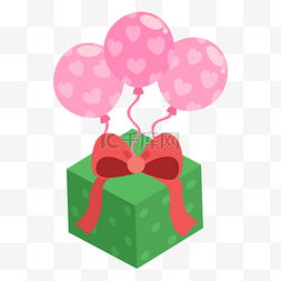 爱心气球挂着绿色礼物盒插画