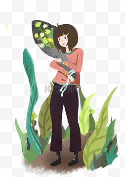 抱着鲜花的女孩图片_清明节抱着花束的女孩插画