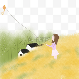油菜花田里放风筝的女孩手绘插画