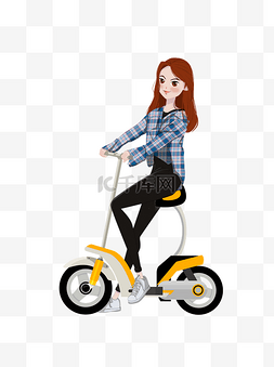女生骑自行车图片_手绘骑电动车出行的女孩