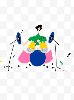 音符架子鼓图片_打架子鼓的卡通男子音符元素