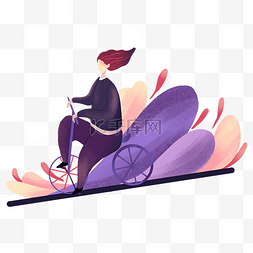 扁平骑自行车图片_小清新风格紫色系春游骑自行车人