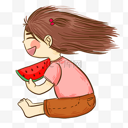 长头发的女孩吃西瓜免抠图