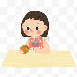 手绘插画餐桌图片_夏天小女孩吃汉堡喝饮料PNG素材
