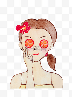 面膜美图片_卡通手绘女孩做番茄眼膜插画