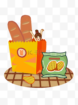 美食面包图片_手绘风插画食物美食面包薯片设计