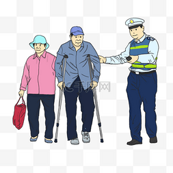 卡通交警执勤带老人过马路插画