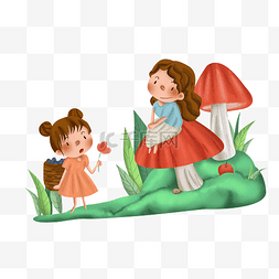 秋游手绘蘑菇和女孩