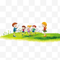地上的树呀图片_卡通儿童草地上跳绳