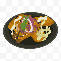 黑色盘子的蔬菜图片_手绘美食烤肉插画