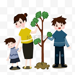 植树节设计图片_卡通手绘一家人开心植树