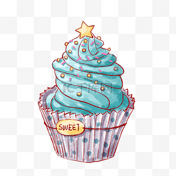 卡通蛋糕甜点图片_蓝色手绘可爱纸杯蛋糕PNG免抠素材