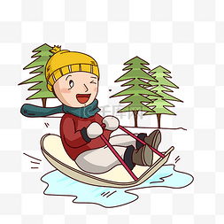青山绿树插画图片_卡通手绘男孩滑雪橇插画