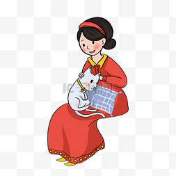 红色的长裙图片_三八假期清新调手绘插画风养猫咪