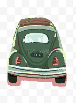 汽车商用图片_手绘卡通军绿色带行李旅行的汽车