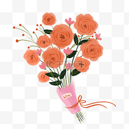 母亲节粉色丝带图片_水彩手绘橘色花朵花捧花花束PNG免