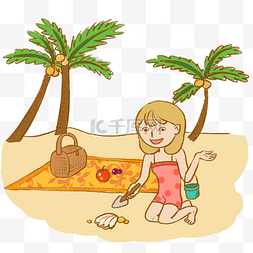 夏日海岸边沙滩手绘卡通女孩玩沙