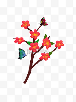 桃花桃树手绘红桃花蝴蝶元素
