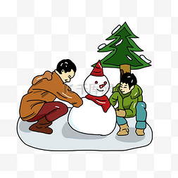 两个雪人图片_立冬时节两个小孩在树下堆雪人