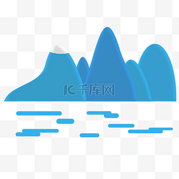 山峰水彩图片_手绘蓝色创意立体山峰
