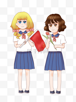 国庆女学生庆祝国庆卡通人物插画