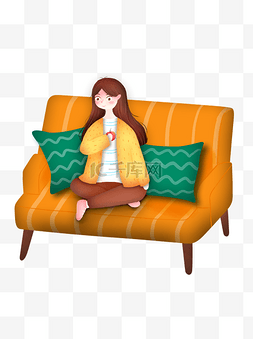 绿色抱枕图片_手绘卡通女孩坐在沙发上元素