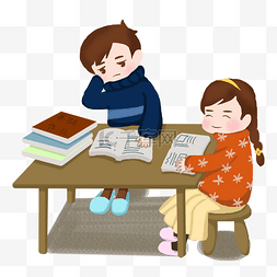 课桌书本卡通图片_手绘卡通男孩和女孩寒假认真学习