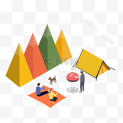 帐篷矢量图图片_2.5d卡通插画风户外野炊的男女