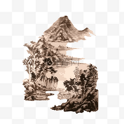 山水复古图片_山水复古山村国画写意PNG