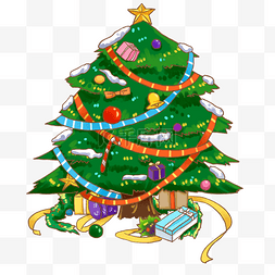 彩带圣诞树礼物图片_圣诞节绿色圣诞树礼物堆免抠元素